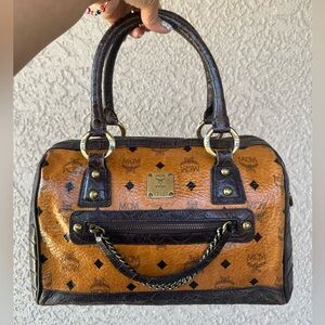 MCM Dark Brown/Cognac Visetos Coated Canvas and Python Embossed Leather